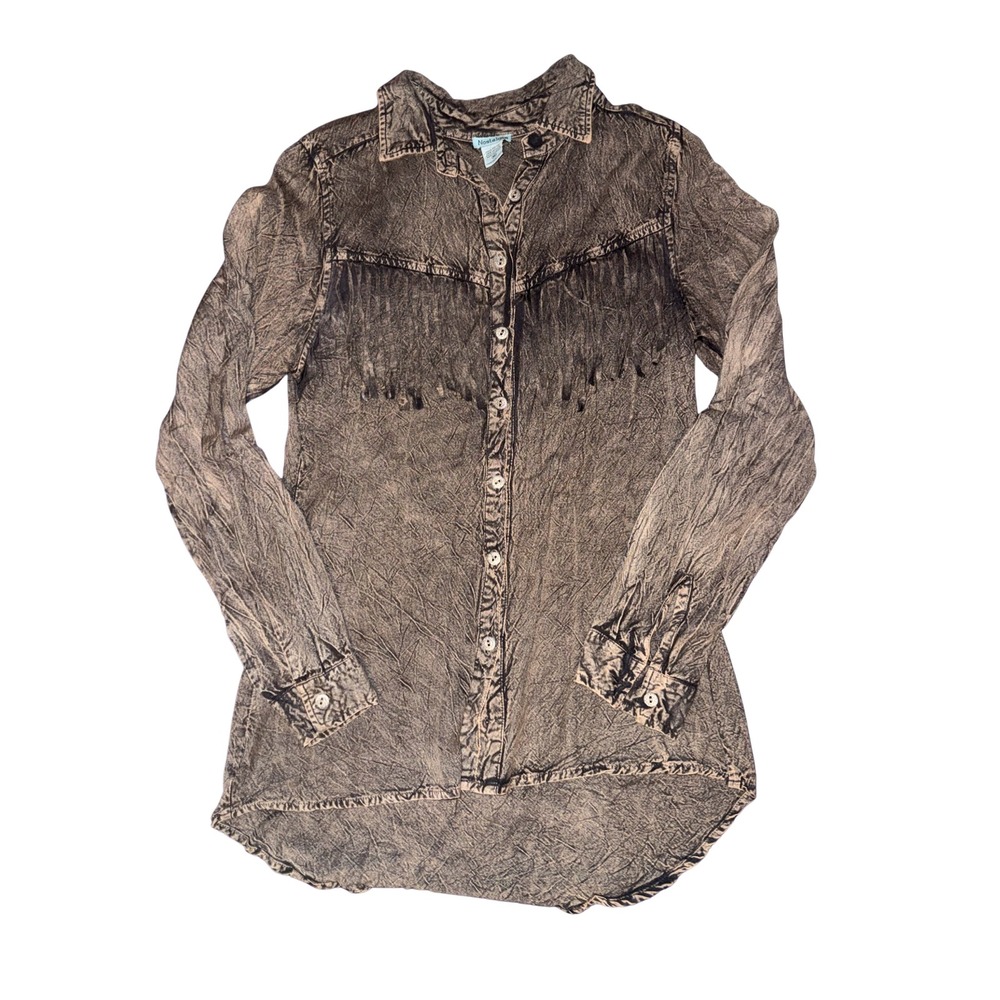 Nostalgia Grey Brown Acid Wash Fringe Western Rayon Button Down Shirt Medium NWT